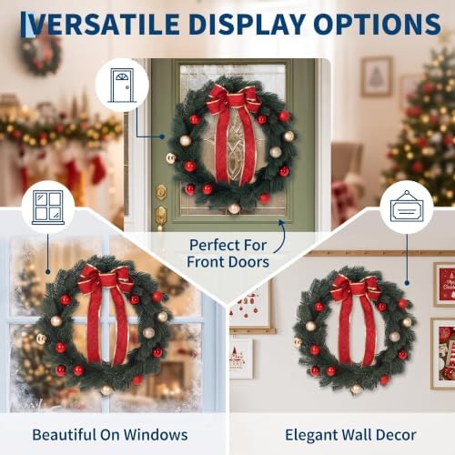 18 Inch Christmas Wreath, Red Bow and Balls, Front Door Decor, alternate view 6