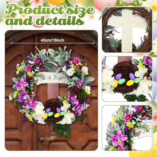 18 Inch Easter Wreath for Front Door Cross Wreath Christian Easter Hanging Decorations He Is Risen Religious, alternate view