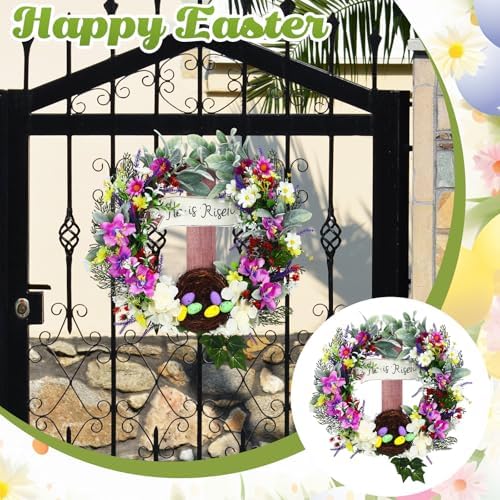 18 Inch Easter Wreath for Front Door Cross Wreath Christian Easter Hanging Decorations He Is Risen Religious, alternate view