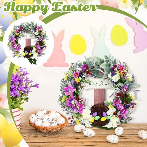 18 Inch Easter Wreath for Front Door Cross Wreath Christian Easter Hanging Decorations He Is Risen Religious, alternate view