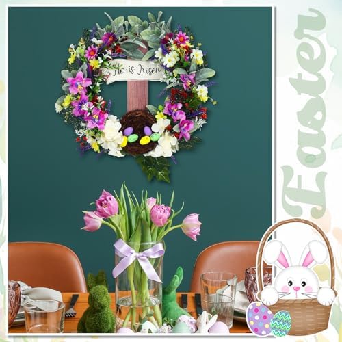 18 Inch Easter Wreath for Front Door Cross Wreath Christian Easter Hanging Decorations He Is Risen Religious, alternate view