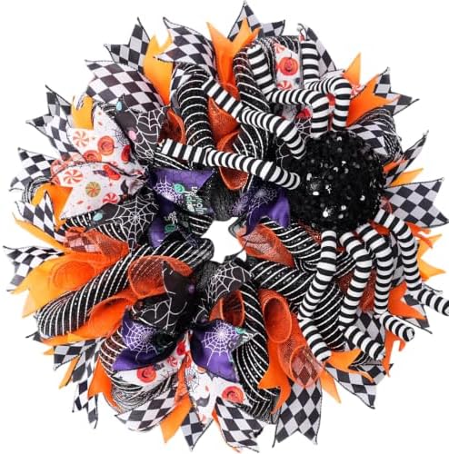 18 Inch Halloween Mesh Wreath for Front Door, Halloween Wreaths with 3D Large Striped Spider, Black Orange