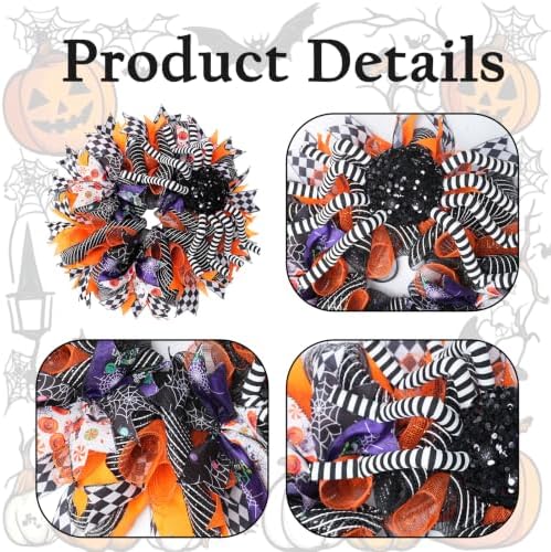 18 Inch Halloween Mesh Wreath for Front Door, Halloween Wreaths with 3D Large Striped Spider, Black Orange, alternate view 2