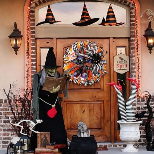 18 Inch Halloween Mesh Wreath for Front Door, Halloween Wreaths with 3D Large Striped Spider, Black Orange, alternate view 5