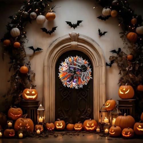 18 Inch Halloween Mesh Wreath for Front Door, Halloween Wreaths with 3D Large Striped Spider, Black Orange, alternate view 6