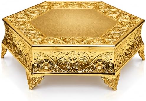 18 inch Hexagonal Gold Wedding Cake Stand, Hand Crafted, Embossed, Durable Build in Gold