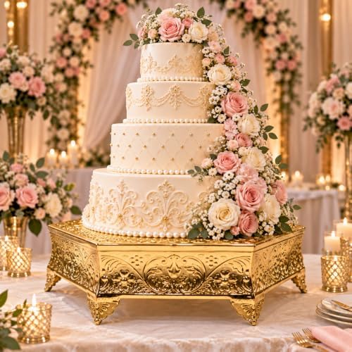 18 inch Hexagonal Gold Wedding Cake Stand, Hand Crafted, Embossed, Durable Build in Gold, alternate view 2