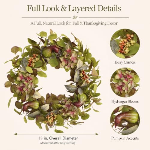 18 Inch Hydrangea Fall Wreath with 3 Pumpkins and 3 Berry Clusters, alternate view 2