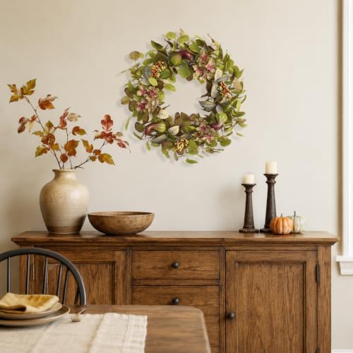 18 Inch Hydrangea Fall Wreath with 3 Pumpkins and 3 Berry Clusters, alternate view 5