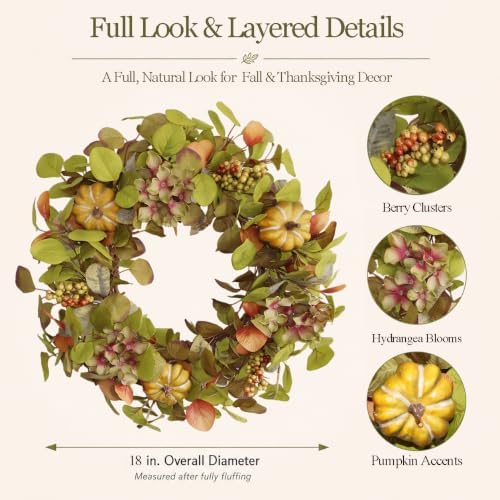 18 Inch Hydrangea Fall Wreath with Round Pumpkins and Berry Clusters, alternate view 2