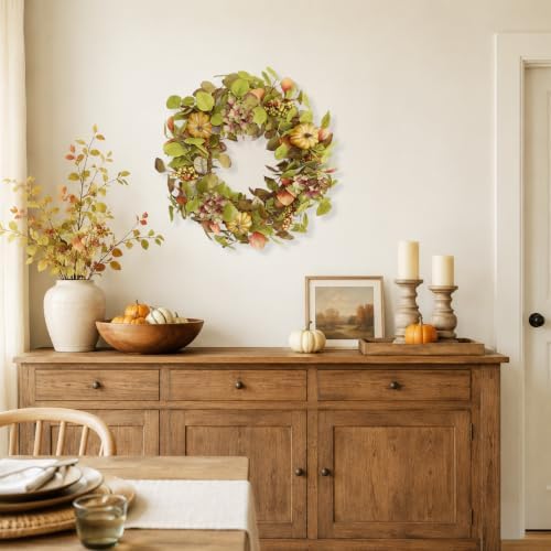 18 Inch Hydrangea Fall Wreath with Round Pumpkins and Berry Clusters, alternate view 5