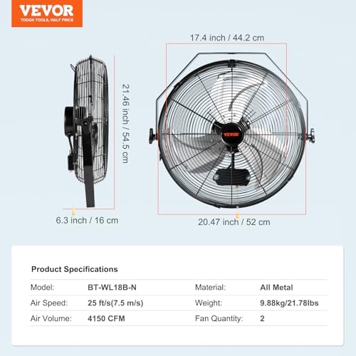 18 Inch Industrial Wall Mount Fan 2PCS High Velocity 4000 CFM Black, alternate view 3