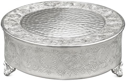 18 inch Round Silver Wedding Cake Stand, Hand Crafted, Embossed, Durable Build in Silver