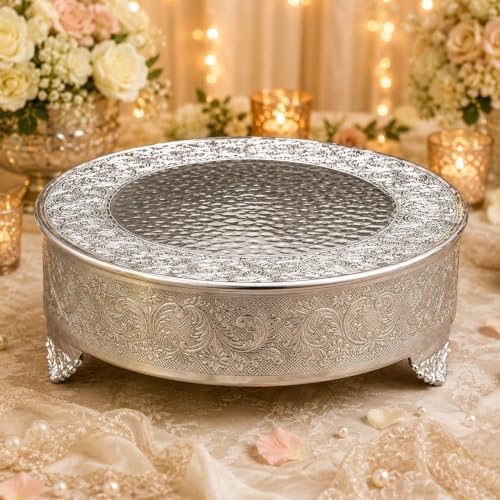 18 inch Round Silver Wedding Cake Stand, Hand Crafted, Embossed, Durable Build in Silver, alternate view 2
