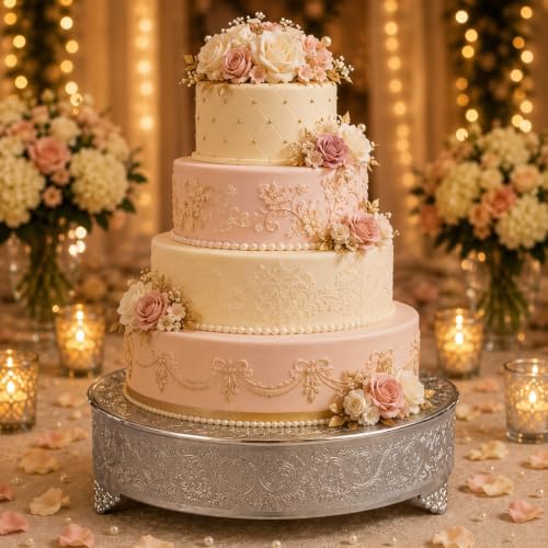 18 inch Round Silver Wedding Cake Stand, Hand Crafted, Embossed, Durable Build in Silver, alternate view 5
