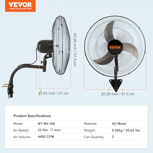 18 Inch Wall Mount Fan, Oscillating, 3-Speed, 4000 CFM, 2 Pack, alternate view 3