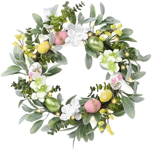 18'' Lighted Easter Wreaths for Front Door, Pre-lit Spring Door Wreath with Pastel Eggs, Daisy Flowers & Silk