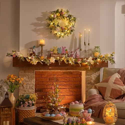 18'' Lighted Easter Wreaths for Front Door, Pre-lit Spring Door Wreath with Pastel Eggs, Daisy Flowers & Silk, alternate view