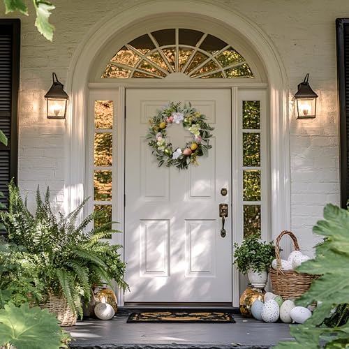 18'' Lighted Easter Wreaths for Front Door, Pre-lit Spring Door Wreath with Pastel Eggs, Daisy Flowers & Silk, alternate view