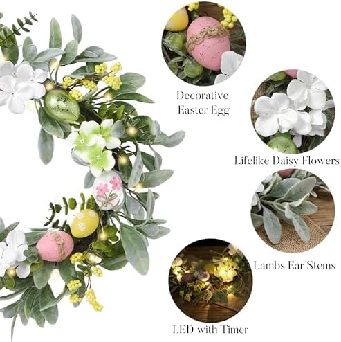 18'' Lighted Easter Wreaths for Front Door, Pre-lit Spring Door Wreath with Pastel Eggs, Daisy Flowers & Silk, alternate view