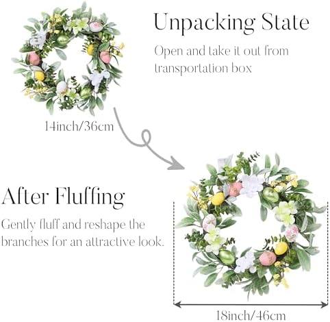 18'' Lighted Easter Wreaths for Front Door, Pre-lit Spring Door Wreath with Pastel Eggs, Daisy Flowers & Silk, alternate view