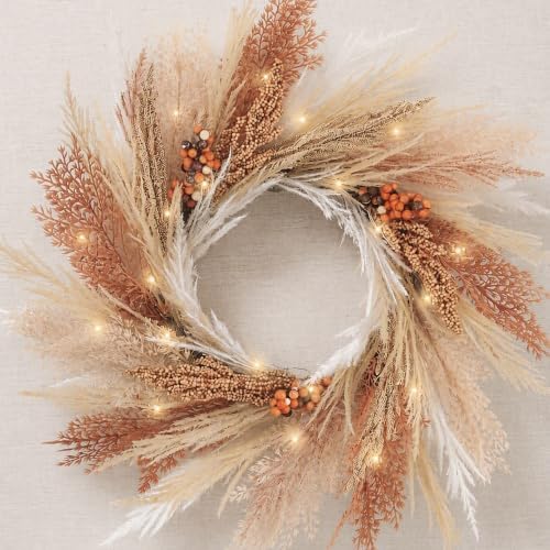 18'' Neutral Fall Pampas Wreath with Lights for Front Door in Orange and Gold