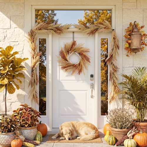 18'' Neutral Fall Pampas Wreath with Lights for Front Door in Orange and Gold, alternate view 2