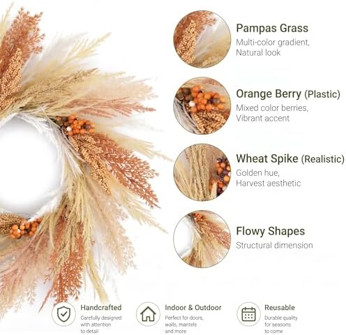 18'' Neutral Fall Pampas Wreath with Lights for Front Door in Orange and Gold, alternate view 3