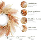 18'' Neutral Fall Pampas Wreath with Lights for Front Door in Orange and Gold, alternate view 3