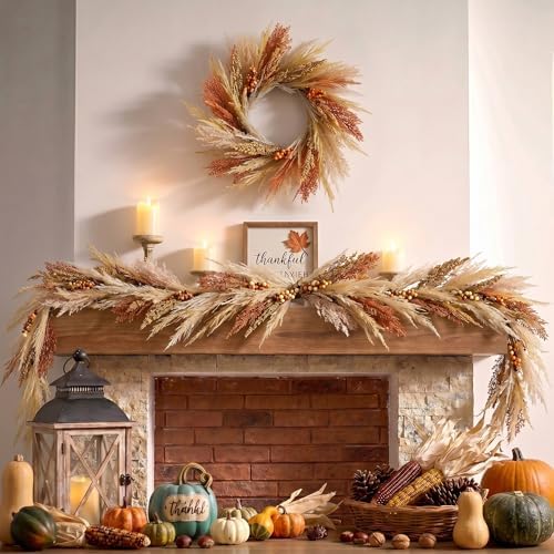 18'' Neutral Fall Pampas Wreath with Lights for Front Door in Orange and Gold, alternate view 4