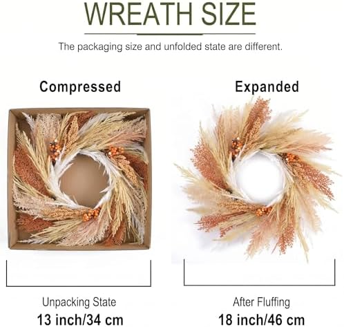 18'' Neutral Fall Pampas Wreath with Lights for Front Door in Orange and Gold, alternate view 5