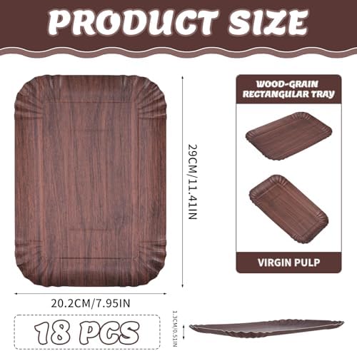 18 Pack 11.5 x 8 Inch Disposable Serving Trays, Rectangle Disposable Serving Platters, Wood Grain Heavy Duty, alternate view