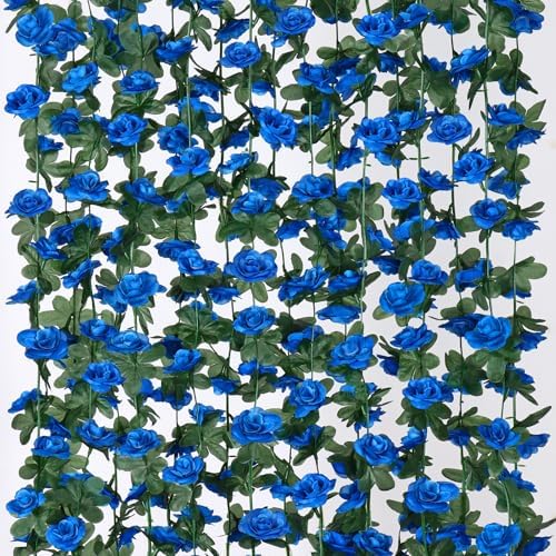 18 Pack 144 FT Artificial Flower Garland Fake Blue Roses Vines Silk Flowers in Blue