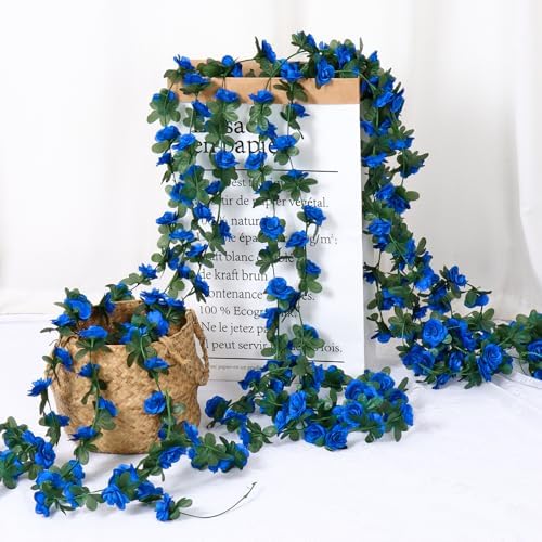 18 Pack 144 FT Artificial Flower Garland Fake Blue Roses Vines Silk Flowers in Blue, alternate view 6