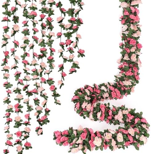 18 Pack 144 FT Artificial Flower Garland Fake Pink Roses Vines Silk Flowers