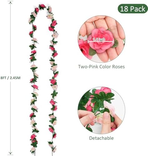 18 Pack 144 FT Artificial Flower Garland Fake Pink Roses Vines Silk Flowers, alternate view 3