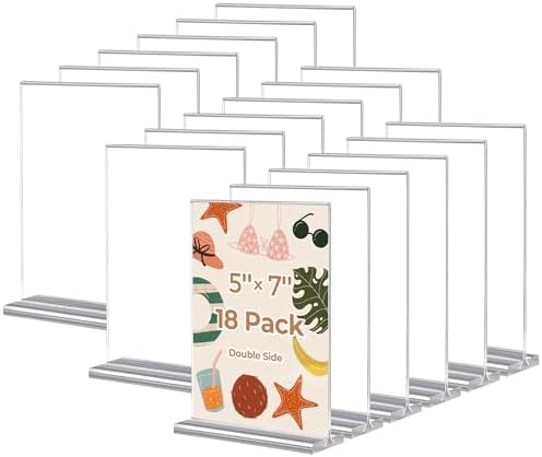 18 Pack Acrylic Sign Holder 5 x 7, Double-Sided Clear Sign Holder Plastic Stands for Display, T Shape Acrylic