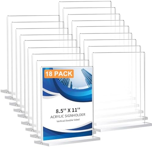 18 Pack Acrylic Sign Holder 8.5 x 11, Double-Sided Clear Sign Holder Plastic Stands for Display, T Shape Acrylic