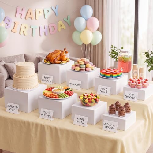 18 Pcs Buffet Risers Set, 8 White Acrylic Stand, 8 Signs, 2 Markers in white, alternate view 2