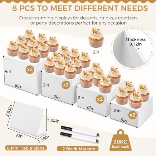 18 Pcs Buffet Risers Set, 8 White Acrylic Stand, 8 Signs, 2 Markers in white, alternate view 3