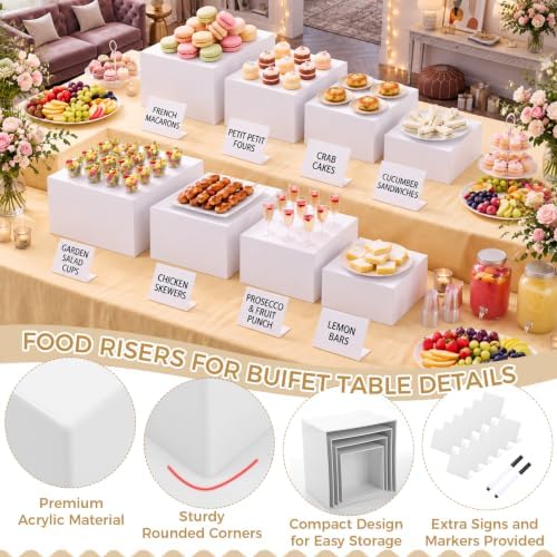 18 Pcs Buffet Risers Set, 8 White Acrylic Stand, 8 Signs, 2 Markers in white, alternate view 4