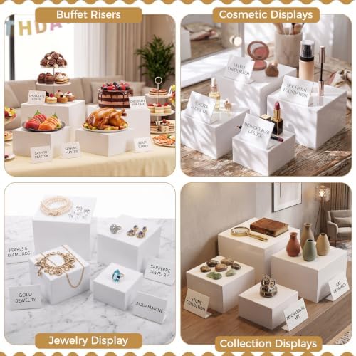18 Pcs Buffet Risers Set, 8 White Acrylic Stand, 8 Signs, 2 Markers in white, alternate view 6