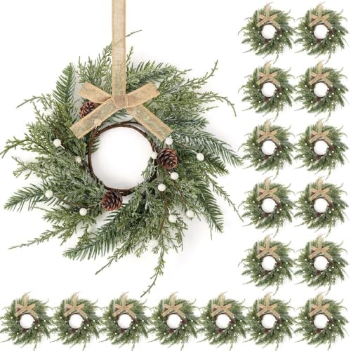 18 PCS Christmas Wreath Christmas Kitchen Cabinet Wreaths with Burlap Ribbon Mini Wreath Pine Garland Frosted