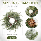 18 PCS Christmas Wreath Christmas Kitchen Cabinet Wreaths with Burlap Ribbon Mini Wreath Pine Garland Frosted, alternate view