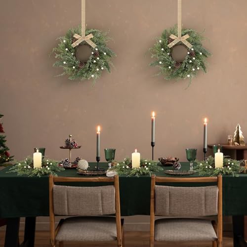 18 PCS Christmas Wreath Christmas Kitchen Cabinet Wreaths with Burlap Ribbon Mini Wreath Pine Garland Frosted, alternate view