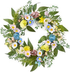 18'' Pre-lit Easter Wreath for Front Door, Lighted Spring Door Wreath with Pastel Egg & Daisy Flower, Artificial