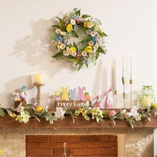 18'' Pre-lit Easter Wreath for Front Door, Lighted Spring Door Wreath with Pastel Egg & Daisy Flower, Artificial, alternate