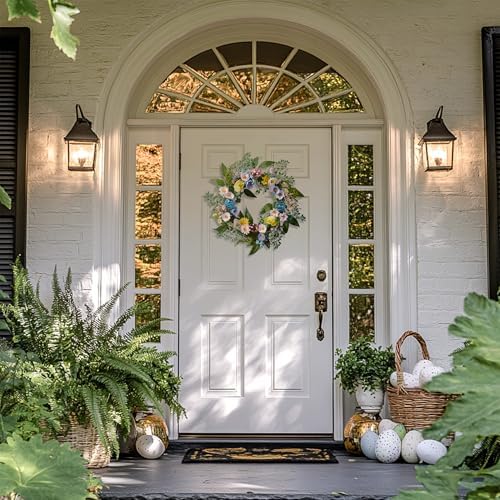18'' Pre-lit Easter Wreath for Front Door, Lighted Spring Door Wreath with Pastel Egg & Daisy Flower, Artificial, alternate