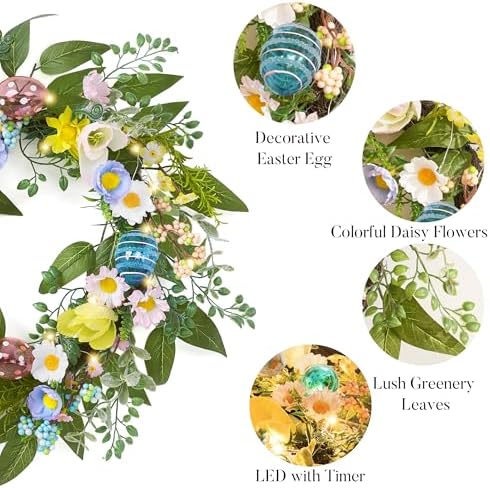 18'' Pre-lit Easter Wreath for Front Door, Lighted Spring Door Wreath with Pastel Egg & Daisy Flower, Artificial, alternate