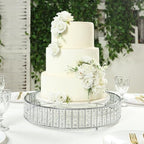 18" Round Silver Crystal Cake Stand - Large Mirror Glass Top Metal Dessert Display with Hanging Beads for Tiered